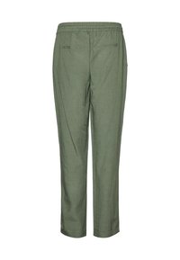 Rohelised linased püksid elastse vöökohaga, kitsenevate sääreosade ja kahe tagataskuga. Sile tekstuur ja hingav materjal.