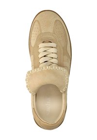 Beige sneaker featuring suede and textile materials, round toe, perforated accents, laces, and a cushioned collar with contrasting stitching.