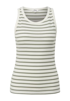 Sleeveless ribbed tank top with horizontal light gray and white stripes, round neckline, and s.Oliver brand label.