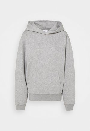 Sweat à capuche gris clair à manches longues avec poche kangourou à l'avant, poignets et ourlet côtelés, présenté sur fond blanc.