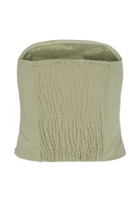 Bolsa de almacenamiento de tela verde con una textura fruncida en la parte frontal. Forro interior suave, material blando y forma estructurada y rectangular.