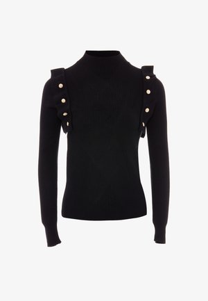 Zwarte geribde trui met hoge hals, voorzien van ruches op de schouders en gouden knopen langs de naad. Lange mouwen en een getailleerd ontwerp.