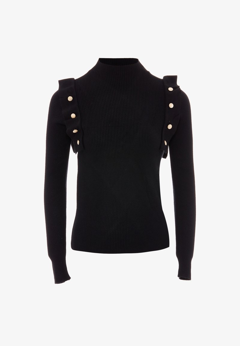 Svart ribbad tröja med hög krage, med rynkade axlar och guldfärgade knappar längs sömmen. Långa ärmar och figurnära design.