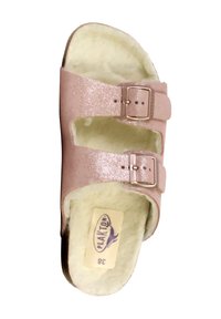 Roze, glinsterende slide sandaal met twee verstelbare banden, metalen gespen en een zachte, lichtgekleurde binnenvoering. Maat 38.