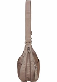 Borsa a tracolla in tessuto marrone con una finitura testurizzata, dotata di una singola tracolla regolabile, molteplici scomparti con zip e una tasca esterna.