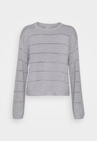 Gray knitted sweater with long sleeves, featuring horizontal stripes of open knit detailing. Crew neckline and cropped hemline.