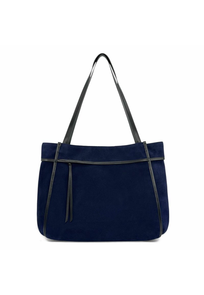 Sac fourre-tout en daim bleu marine avec des accents en cuir noir, doté de deux poignées robustes et d'un design simple, idéal pour un usage décontracté ou professionnel.