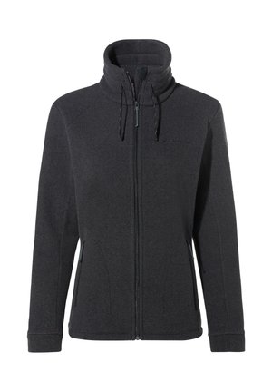 Dunkelgraue Fleecejacke mit hohem Kragen, durchgehendem Reißverschluss und Seitentaschen. Verfügt über verstellbare Kordelzüge und eine glatte Textur.
