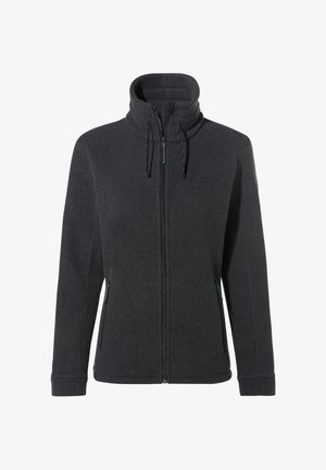 Giacca in pile grigio scuro con colletto alto, chiusura a zip completa e tasche laterali. Presenta cordini regolabili e una texture liscia.