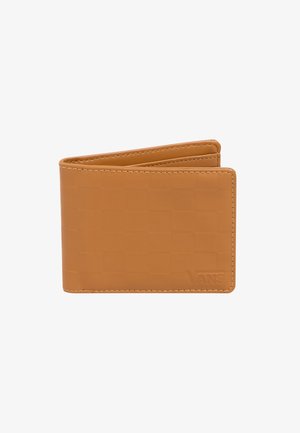 Cartera de cuero color marrón claro con un patrón tejido texturizado, diseño bi-fold y bordes cosidos. Muestra un logo de Vans en la parte inferior derecha.