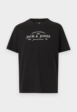 Must lühikeste varrukatega T-särk valge tekstiga "Creative Community 1990 Jack & Jones Reg. premium TM" rinnal.