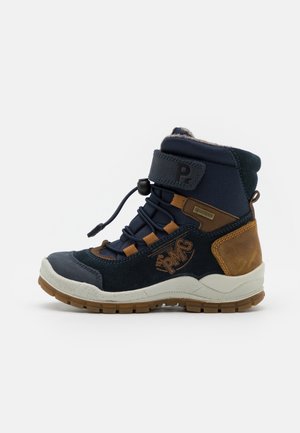 Navy blue hiking boot with brown accents, lace-up design, rubber sole, padded collar, and a side logo patch. Features waterproof material.