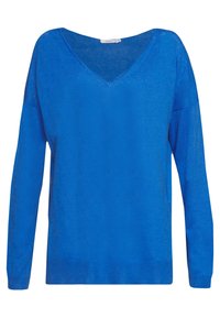 Blauer V-Ausschnitt-Pullover mit langen Ärmeln, leicht und mit leicht durchscheinender Strickstruktur. Einfaches Design ohne zusätzliche Muster oder Akzente.