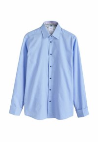 Svetlomodrá košeľa s dlhým rukávom a kockovaným vzorom, zapínanie na gombíky vpredu, s kontrastným kvetinovým vzorom vo vnútri goliera a manžiet.