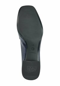 Marineblaue High Heel Schuhe mit glattem Lackleder-Obermaterial, strukturiertem Gummisohle und geprägtem Logo auf der Ferse. Flache Rillen für Traktion.
