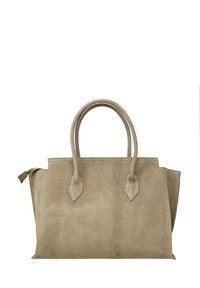 Beżowa torebka z zamszu z podwójnymi uchwytami na górze, prostokątna forma, skośne boki oraz przeszycia na krawędziach.