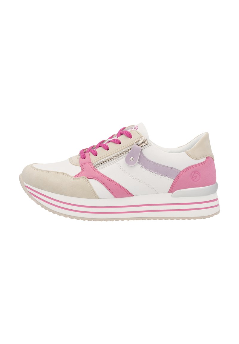 Witte en roze sport schoen met suede accenten, een rits aan de zijkant en een gestructureerde zool. Bevat roze veters en contrasterende strepen.