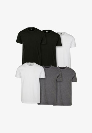 Trei tricouri de bumbac negre, două albe și două gri. Mâneci scurte, design cu guler rotund, textură netedă și croială clasică.