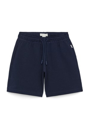 Shorts décontractés bleu marine avec ceinture élastique et cordon, avec poches latérales et petite étiquette en tissu.
