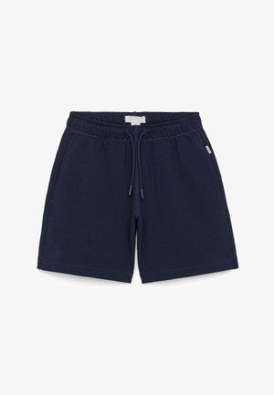 Shorts décontractés bleu marine avec ceinture élastique et cordon, avec poches latérales et petite étiquette en tissu.