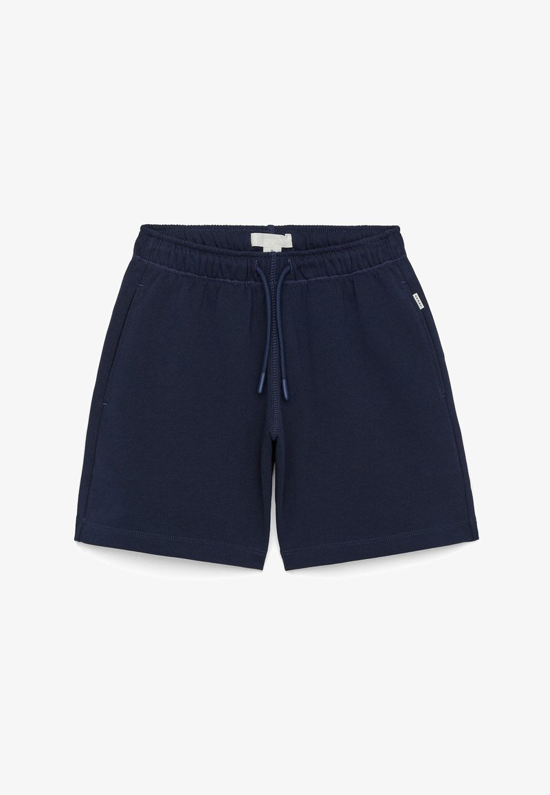 Shorts décontractés bleu marine avec ceinture élastique et cordon, avec poches latérales et petite étiquette en tissu.