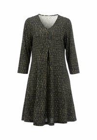 Robe noire avec des manches trois-quarts, col en V et coupe décontractée. Présente un design texturé et à motifs dans des nuances de beige contrastantes.