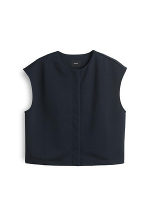 Navy blue sleeveless top made of smooth fabric, featuring a round neckline and a straight cut with subtle side splits at the hem.