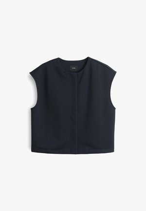Top senza maniche di colore blu navy realizzato in tessuto liscio, con scollatura rotonda e taglio dritto, caratterizzato da leggere spaccature laterali all'orlo.