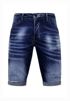 Donkerblauwe denim shorts met opgerolde boorden, vervaagde en versleten plekken, knoop aan de voorkant, ritssluiting en riemlussen.
