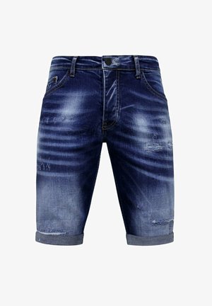 Donkerblauwe denim shorts met opgerolde boorden, vervaagde en versleten plekken, knoop aan de voorkant, ritssluiting en riemlussen.