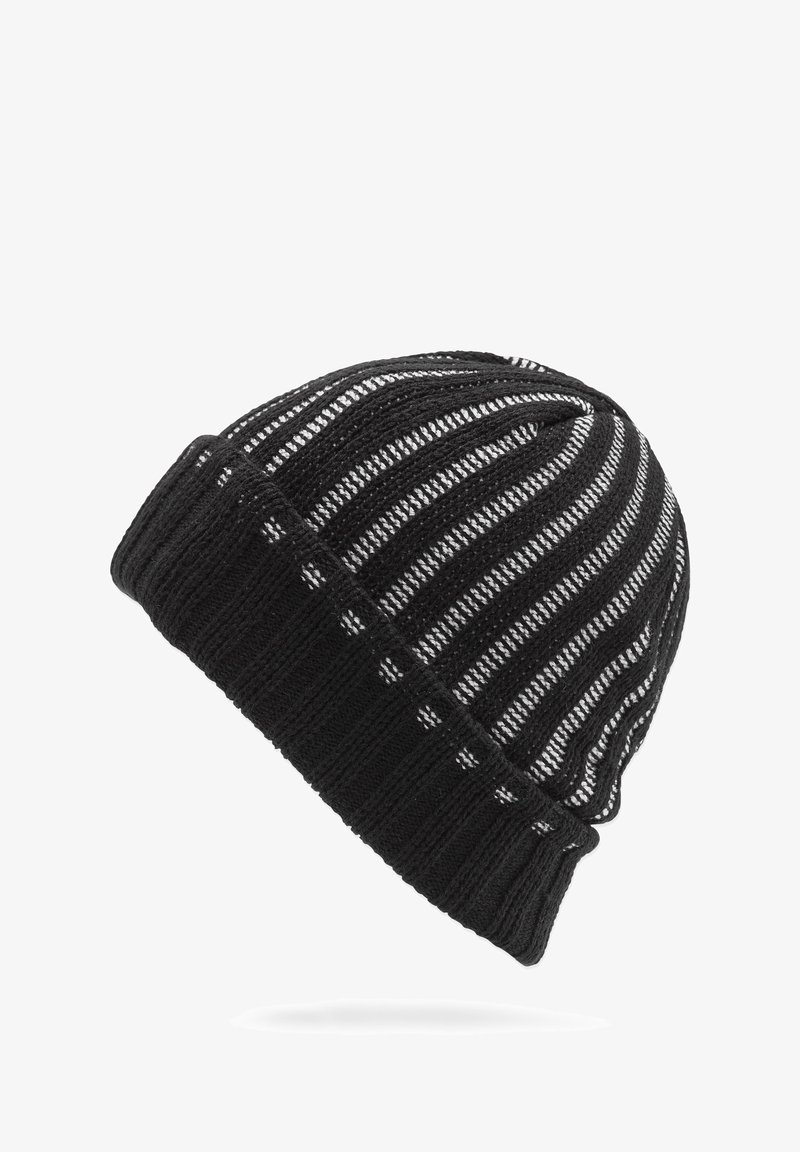 Dzianinowa czapka w czarno-białe pionowe paski. Posiada prążkowaną fakturę i dopasowane osadzenie. Zaprojektowana dla ciepła i komfortu.