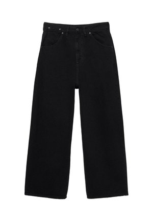 Jean en denim noir à jambes larges avec bouton frontal, fermeture éclair, passants de ceinture et style classique à cinq poches.