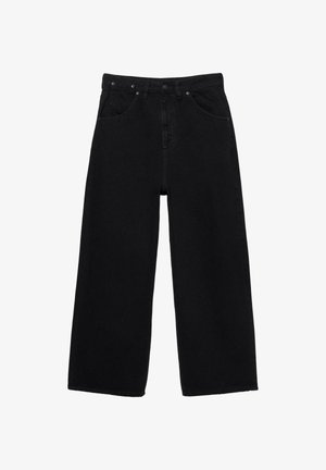 Fekete, széles szárú farmernadrág elöl gombos, cipzáras záródással, övbújtatókkal és klasszikus ötpocketes kialakítással.