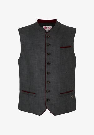 Gray sleeveless vest, textured fabric, featuring a high collar, burgundy accents, six buttons, and two front pockets.