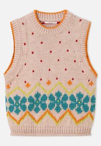 Gilet beige senza maniche lavorato a maglia con bordi arancioni, pois rossi e motivo orizzontale di fiori turchesi e zigzag gialli.