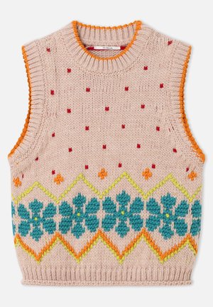 Beige knitted sleeveless sweater vest with orange trim, red dots, and a horizontal pattern of teal flowers and yellow zigzags.