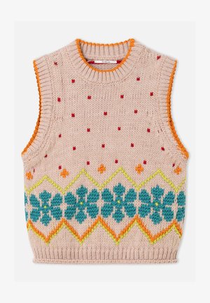 Chaleco de punto sin mangas beige con ribete naranja, puntos rojos y un patrón horizontal de flores turquesas y zigzags amarillos.