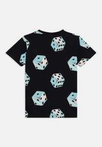 Black t-shirt featuring a repeated pattern of light blue and cream dice. The dice have detailed black dots and shadows for depth.