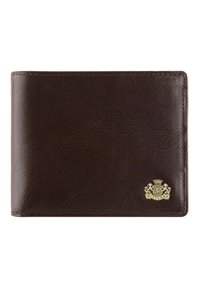 Cartera de cuero marrón con una textura suave, diseño de dos pliegues y acento de logo dorado en la esquina inferior derecha. Estilo compacto y minimalista.