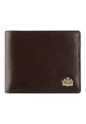 Brown leather wallet with a smooth texture, bi-fold design, and gold logo accent in the bottom right corner. Compact and minimalistic style.