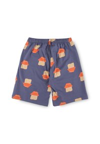 Blue cotton shorts with a playful pattern of light brown bears wearing orange hats, featuring an elastic waistband and relaxed fit design.