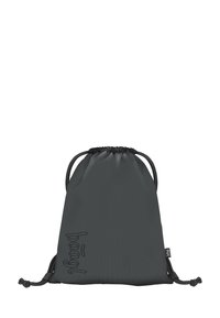 Zaino con coulisse di colore grigio scuro, realizzato in materiale liscio. Presenta un logo in rilievo discreto sulla parte anteriore, con dettagli in corda nera.