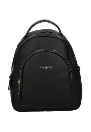 Zaino in pelle nera texturizzata con maniglia superiore, tasca frontale con zip, dettagli delle cerniere dorate e logo "GAULLE PARIS" in lettere dorate.