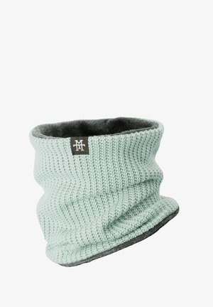 Knitted neck warmer in light mint green with a soft gray fleece lining. Features a folded top and a logo patch on one side.