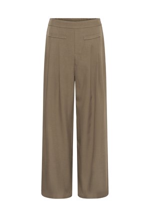 Pantalon beige à jambes larges, taille haute, avec plis à l'avant et deux poches horizontales fendues, confectionné dans un tissu léger.