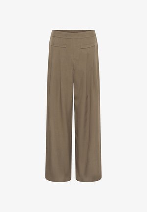 Széles szárú, magas derekú, bézs színű nadrág, elülső redőkkel és két vízszintes rés zsebbel, könnyű anyagból készült.