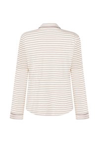 Langarmshirt van een zachte, crèmekleurige stof met dunne bruine strepen, voorzien van een simpele kraag en afgeronde zoom aan de achterkant.