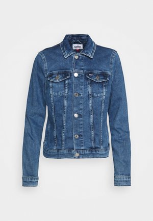 Blue denim jacket with silver buttons, two chest pockets with flaps, and a small logo tag on the left pocket seam.