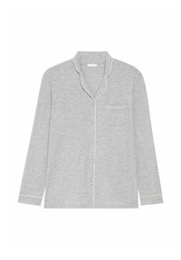 Grå knäppna pyjamaströja i mjukt tyg med en notchad krage, prydd med ljusa detaljer och en enda bröstficka.