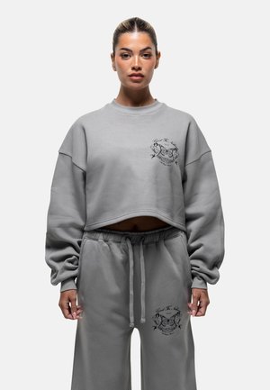 Grijze cropped sweatshirt met brede mouwen, voorzien van een vlinderafbeelding op de borst, gecombineerd met bijpassende grijze sweatpants en een elastische tailleband.
